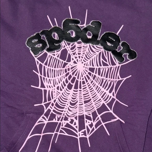 SP5DER Purple Hoodie with Spider Web Design pink black words with